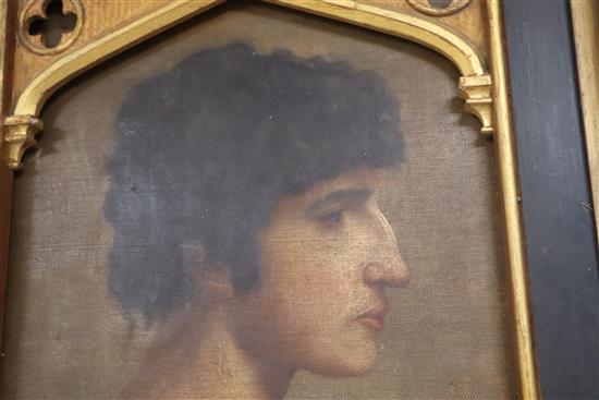 Follower of Lord Leighton, profile head and shoulder portrait of a young man, oil on canvas laid on board, 46 x 30cm